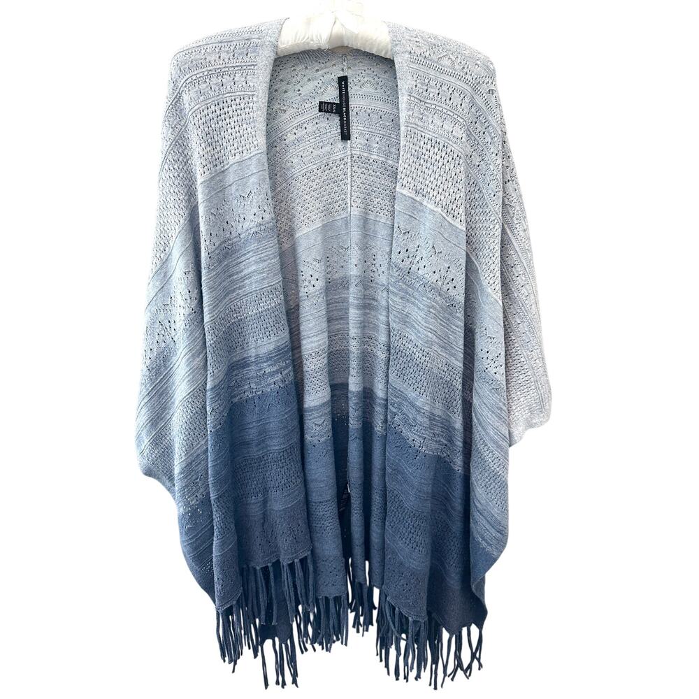 WHITE HOUSE BLACK MARKET Blue Ombré Knit Poncho Shawl Open Front Fringe | XS/S